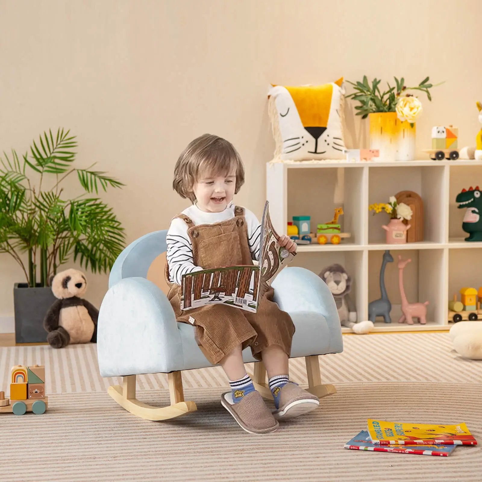Toddler Rocking Chair with Solid Rubber Wood Frame Soft Velvet Cover-Blue by DirectDeals