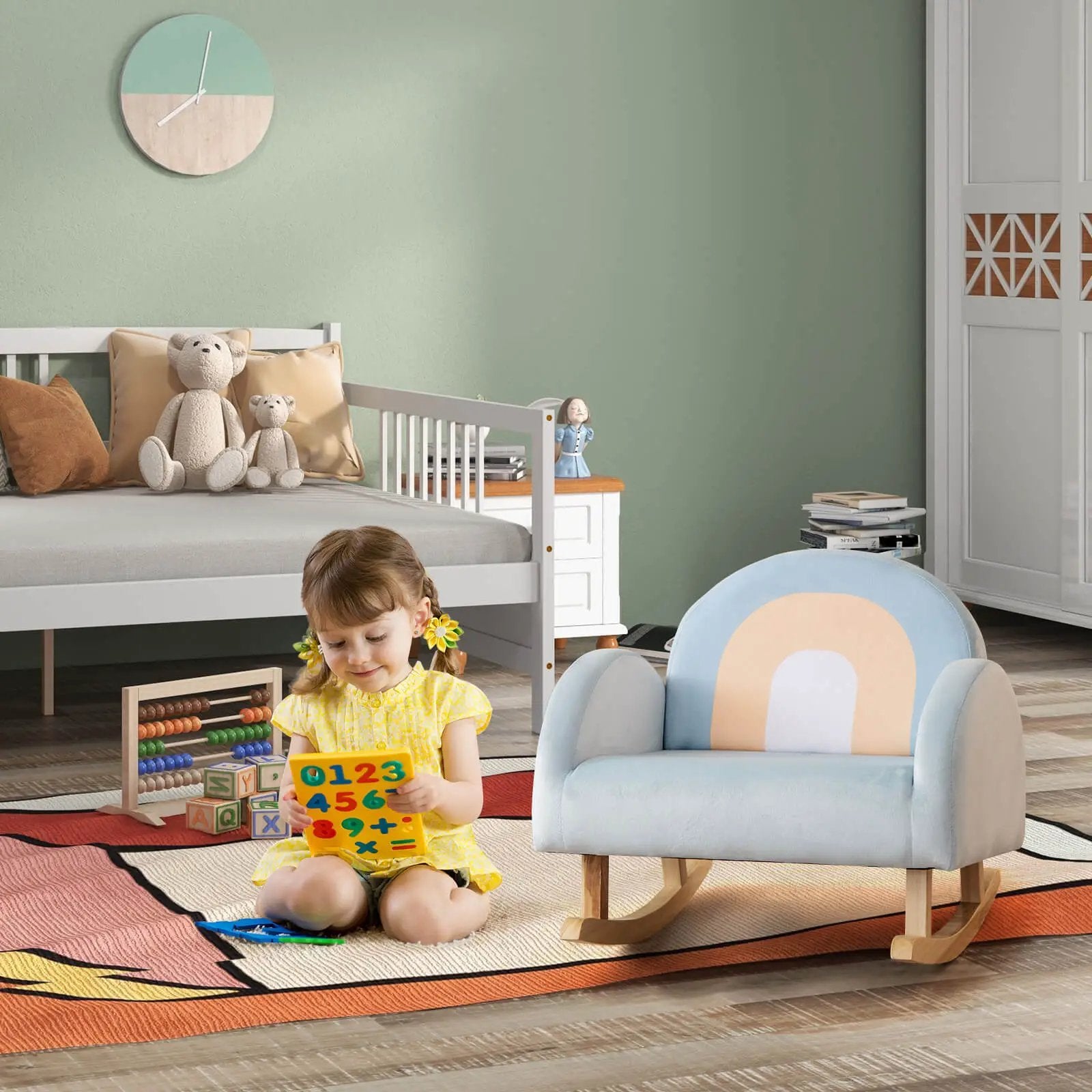Toddler Rocking Chair with Solid Rubber Wood Frame Soft Velvet Cover-Blue by DirectDeals