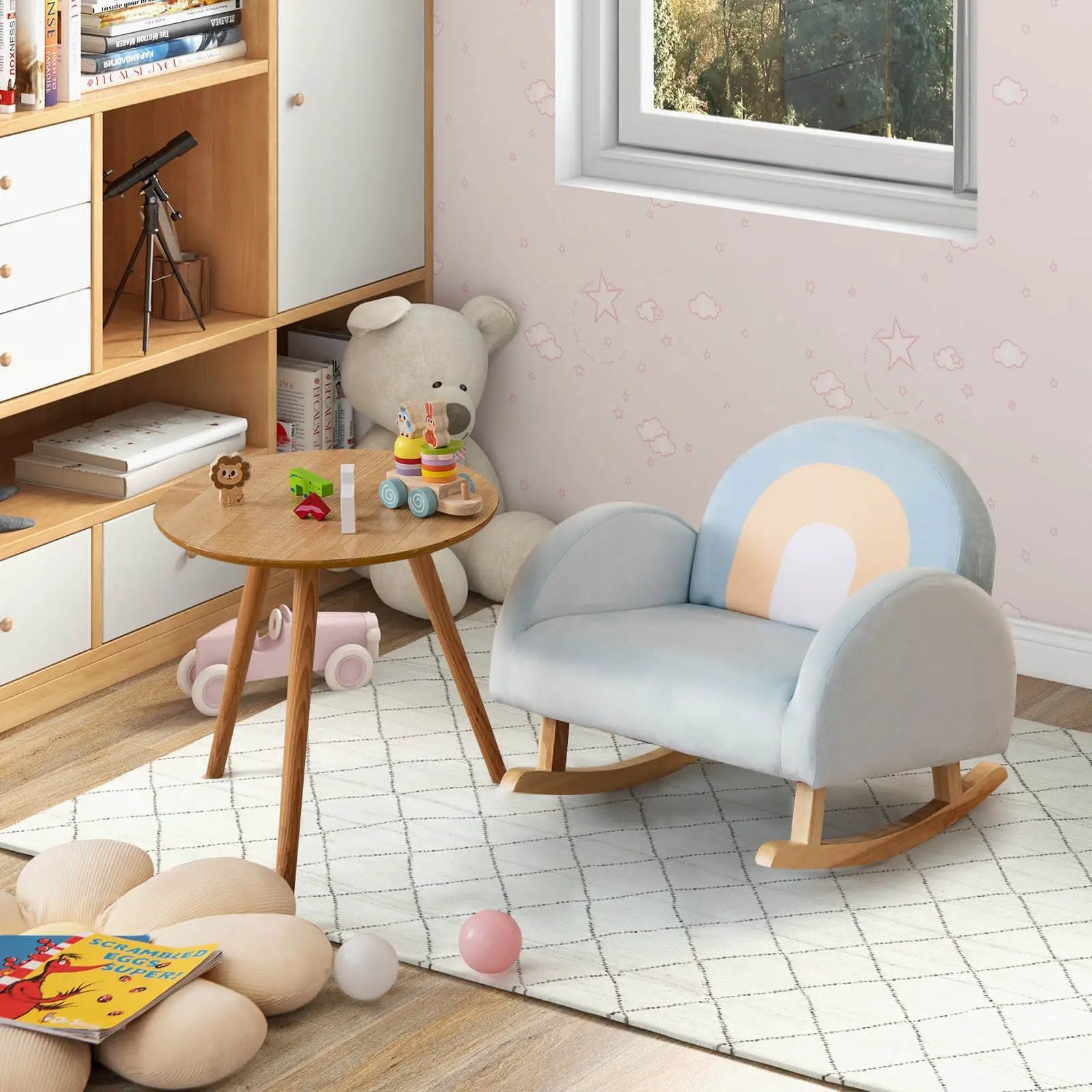 Toddler Rocking Chair with Solid Rubber Wood Frame Soft Velvet Cover-Blue by DirectDeals