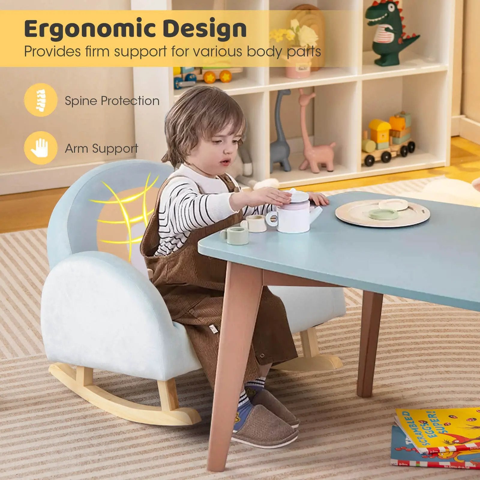 Toddler Rocking Chair with Solid Rubber Wood Frame Soft Velvet Cover-Blue by DirectDeals