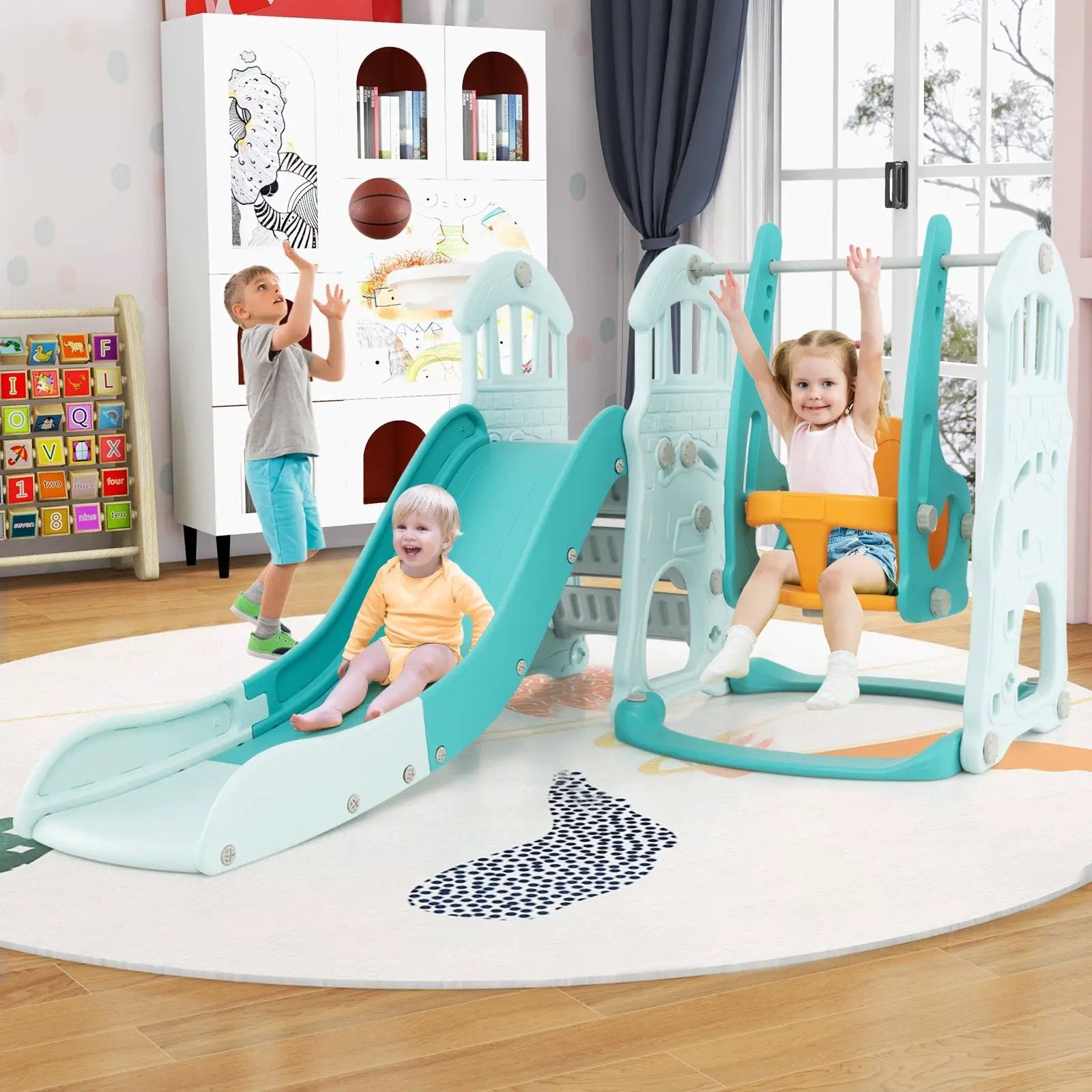 Toddler Slide and Swing Set with Extra-long Slide Height Adjustable Swing Basketball Hoop and Climber by DirectDeals