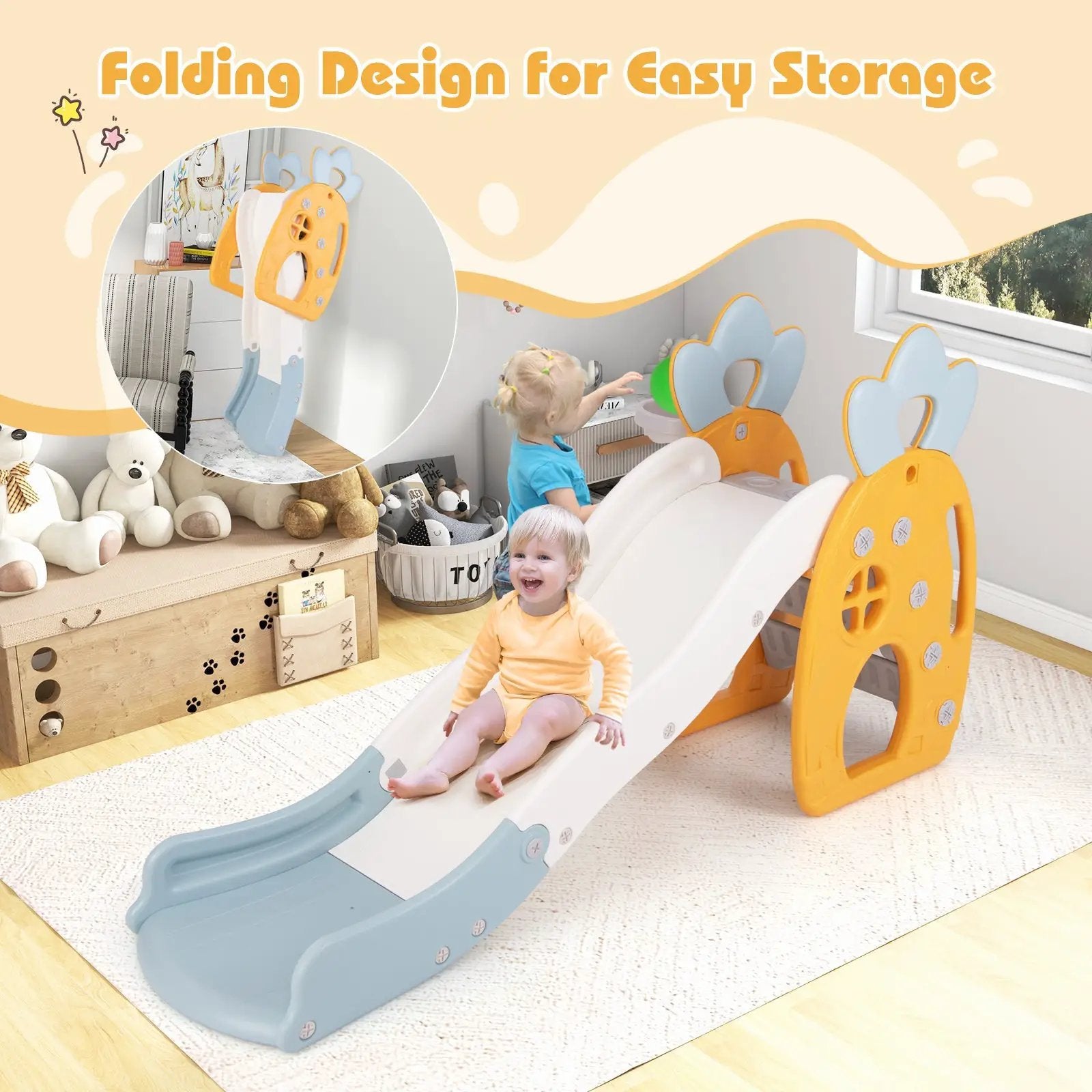 Foldable Slide with Basketball Hoop and Buffer Zone for Kids Aged 3+ Years Old by DirectDeals