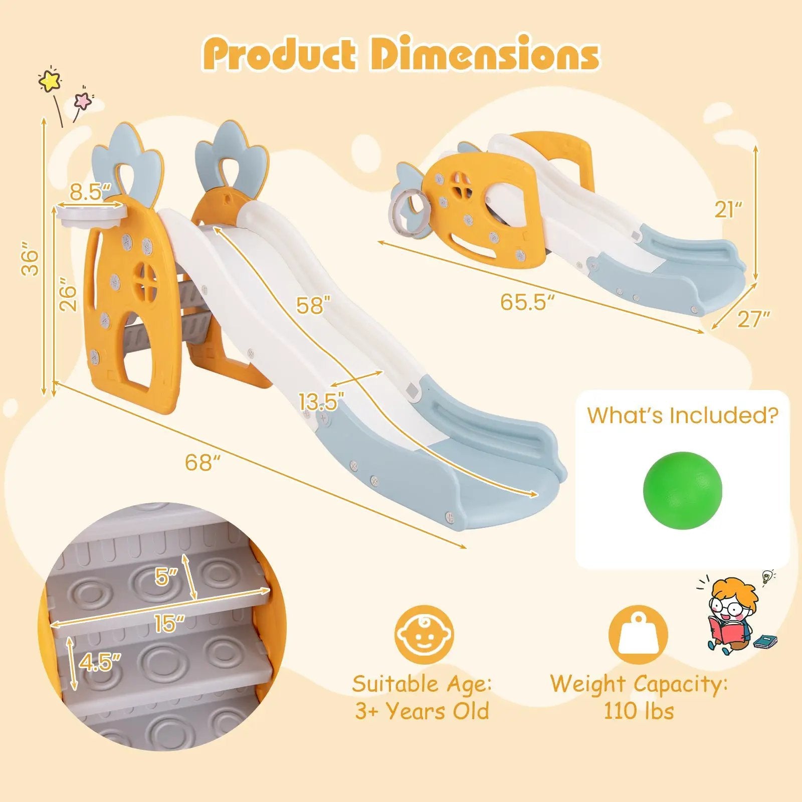 Foldable Slide with Basketball Hoop and Buffer Zone for Kids Aged 3+ Years Old by DirectDeals