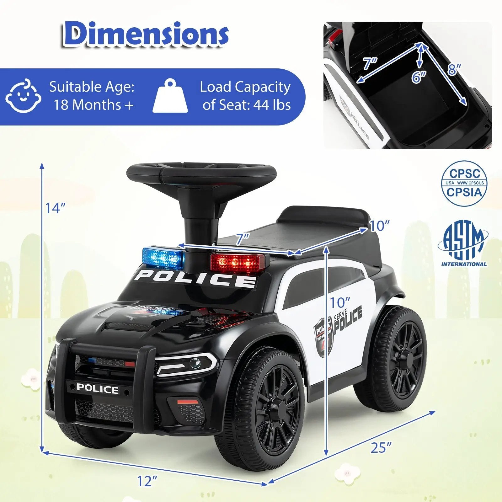 Toddler Sliding Car with Steering Wheel and Under-Seat Storage Push-Black by DirectDeals