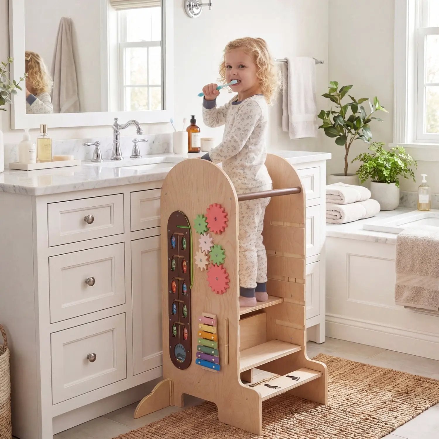 Toddler Standing Tower Kids Step Stool with Adjustable Height Chalkboard and Slide by DirectDeals