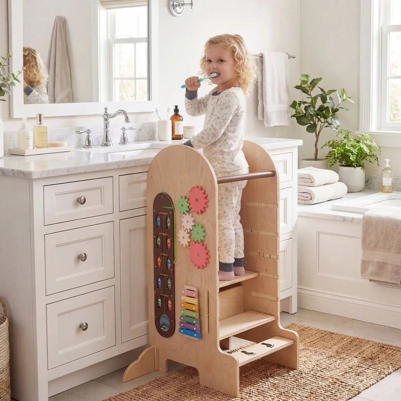 Toddler Standing Tower Kids Step Stool with Adjustable Height Chalkboard and Slide by DirectDeals