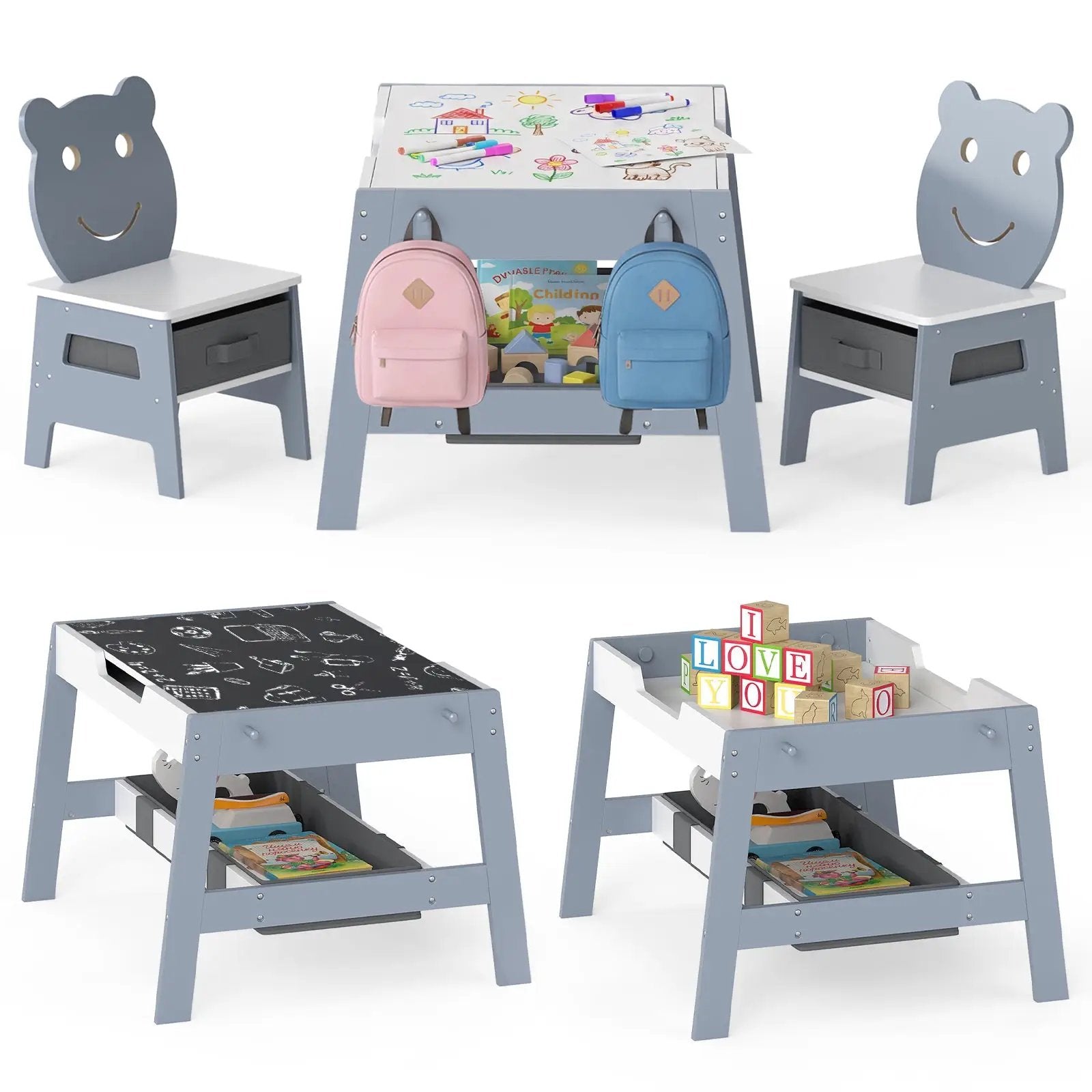 Toddler Table and 2 Chairs 5-in-1 Cute Art Desk Set with Reversible Chalkboard Whiteboard by DirectDeals