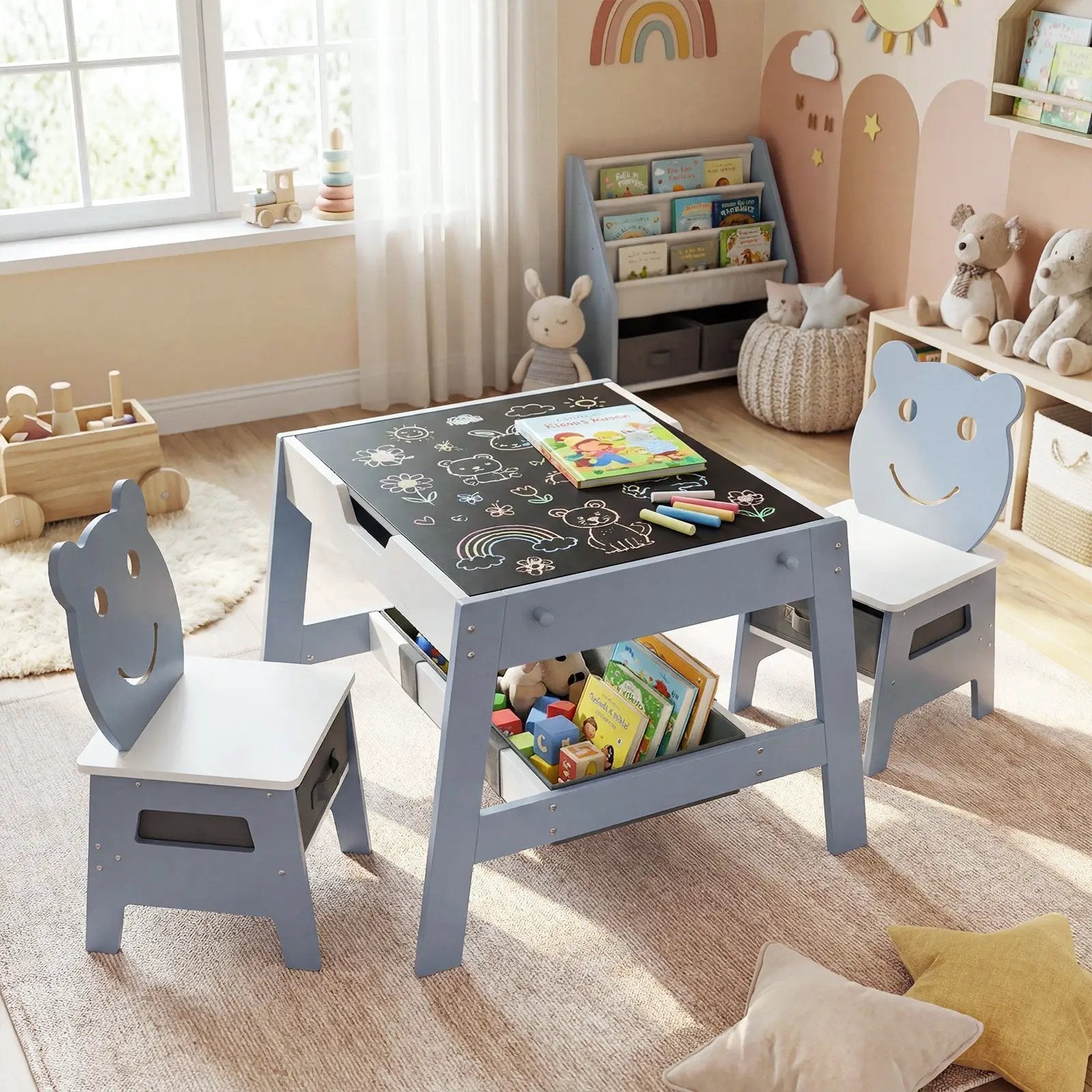 Toddler Table and 2 Chairs 5-in-1 Cute Art Desk Set with Reversible Chalkboard Whiteboard by DirectDeals