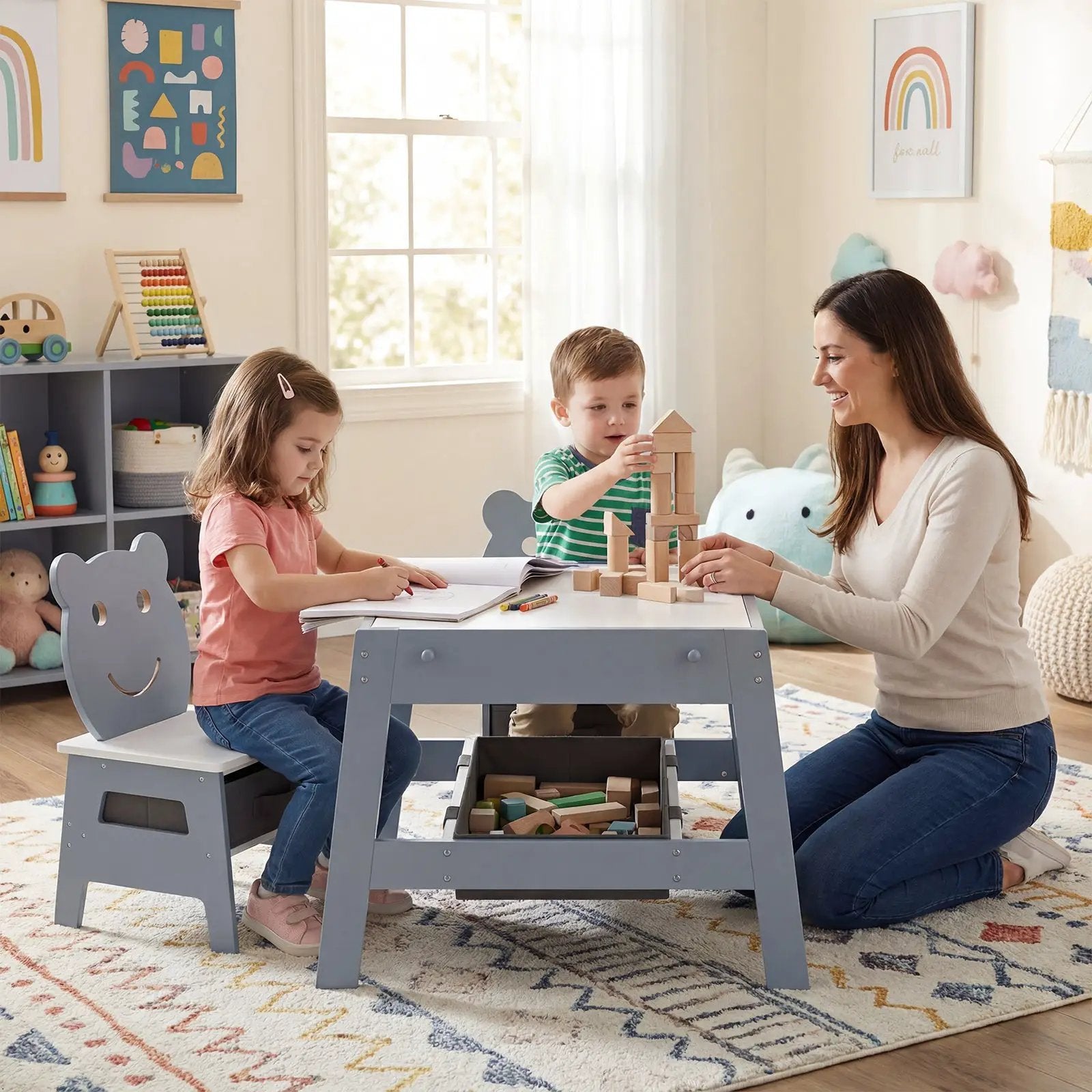 Toddler Table and 2 Chairs 5-in-1 Cute Art Desk Set with Reversible Chalkboard Whiteboard by DirectDeals