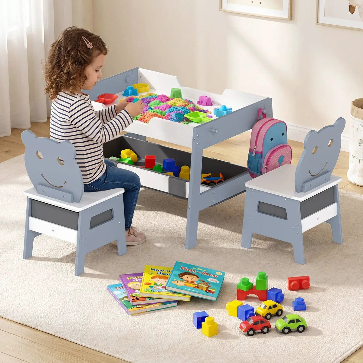 Toddler Table and 2 Chairs 5-in-1 Cute Art Desk Set with Reversible Chalkboard Whiteboard, photo 7 of 16