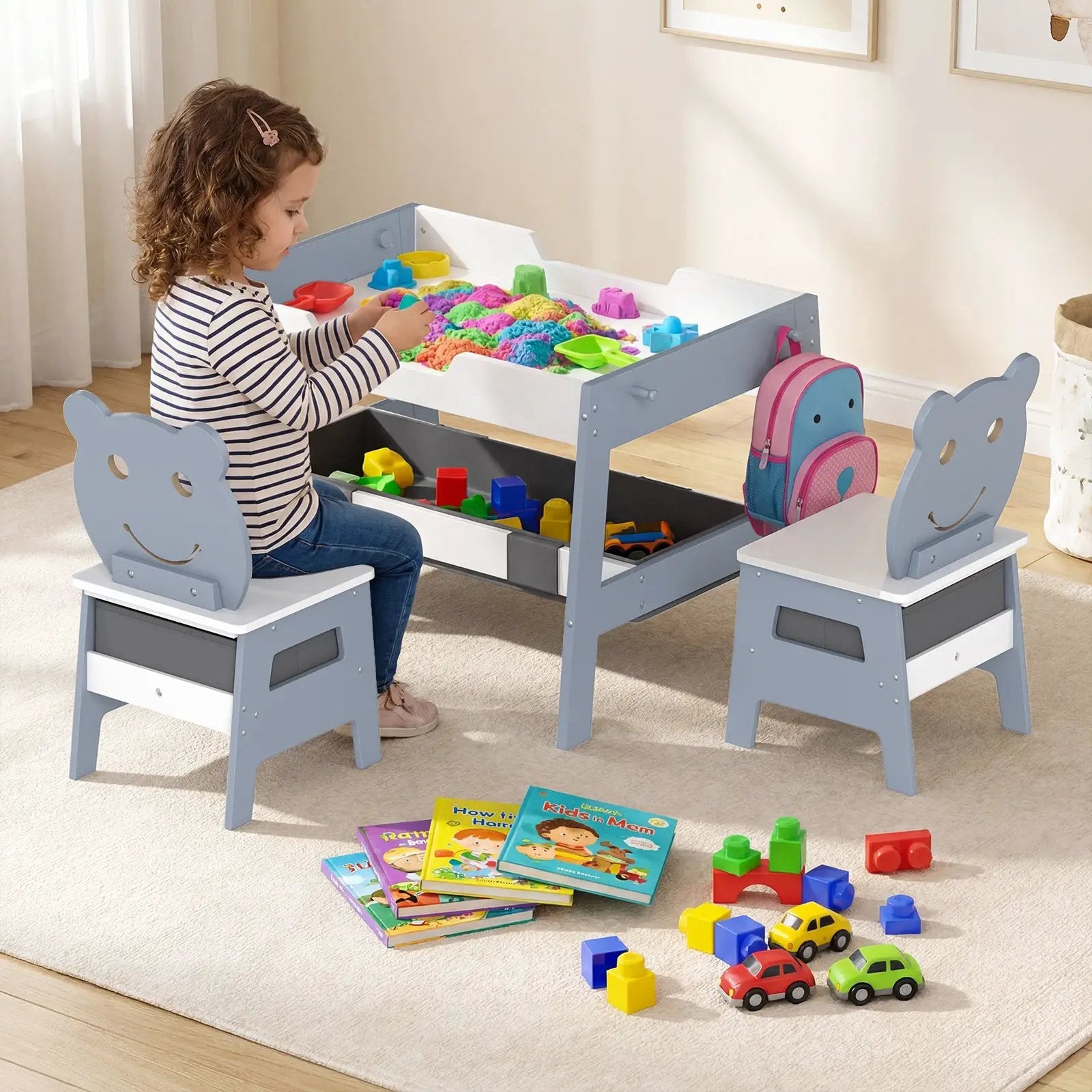 Toddler Table and 2 Chairs 5-in-1 Cute Art Desk Set with Reversible Chalkboard Whiteboard by DirectDeals
