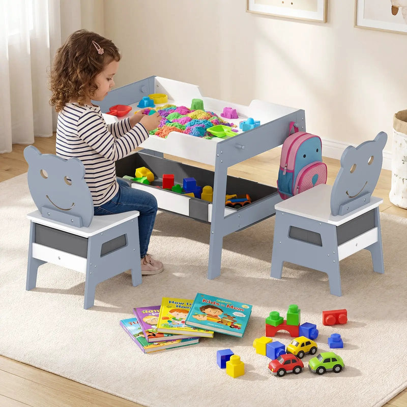 Toddler Table and 2 Chairs 5-in-1 Cute Art Desk Set with Reversible Chalkboard Whiteboard by DirectDeals