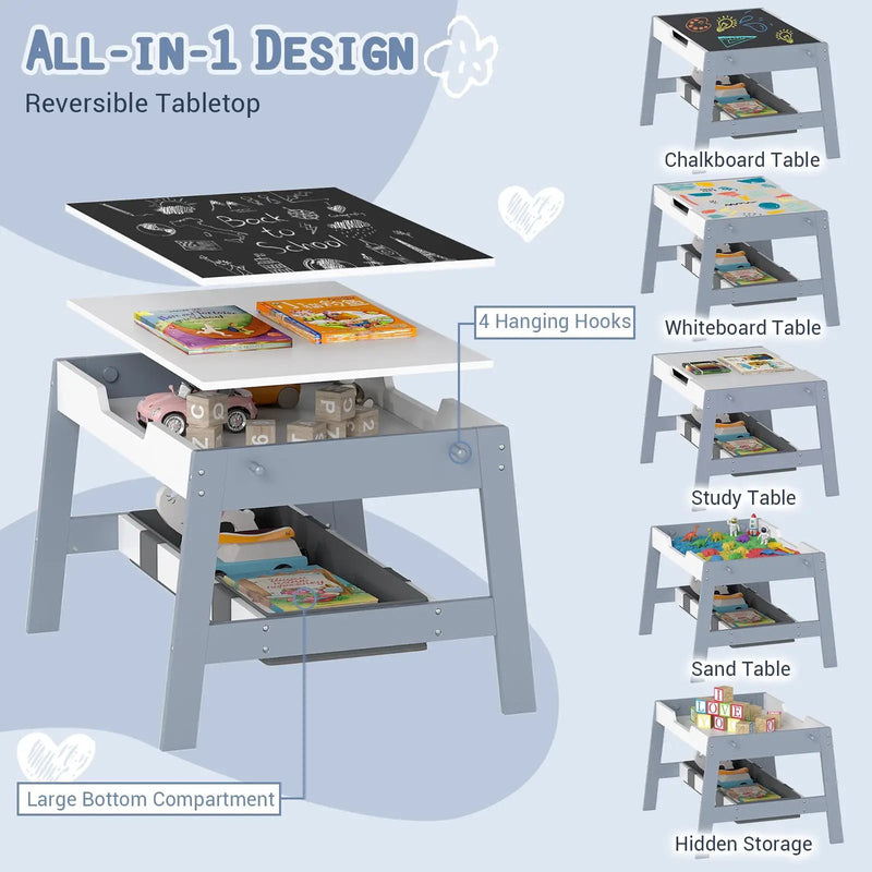 Toddler Table and 2 Chairs 5-in-1 Cute Art Desk Set with Reversible Chalkboard Whiteboard by DirectDeals