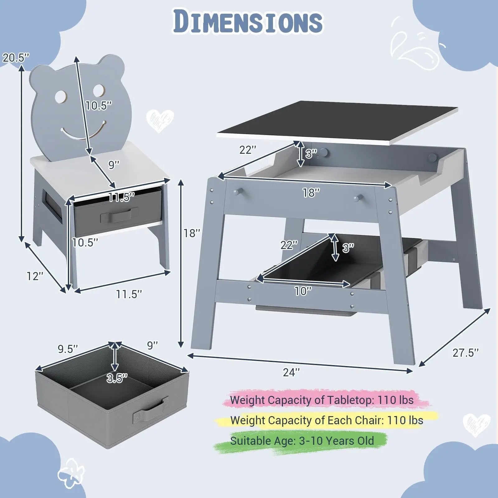 Toddler Table and 2 Chairs 5-in-1 Cute Art Desk Set with Reversible Chalkboard Whiteboard by DirectDeals