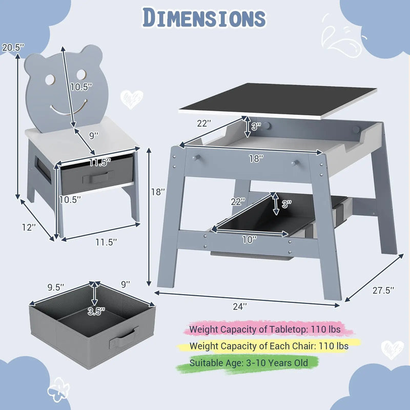 Toddler Table and 2 Chairs 5-in-1 Cute Art Desk Set with Reversible Chalkboard Whiteboard by DirectDeals