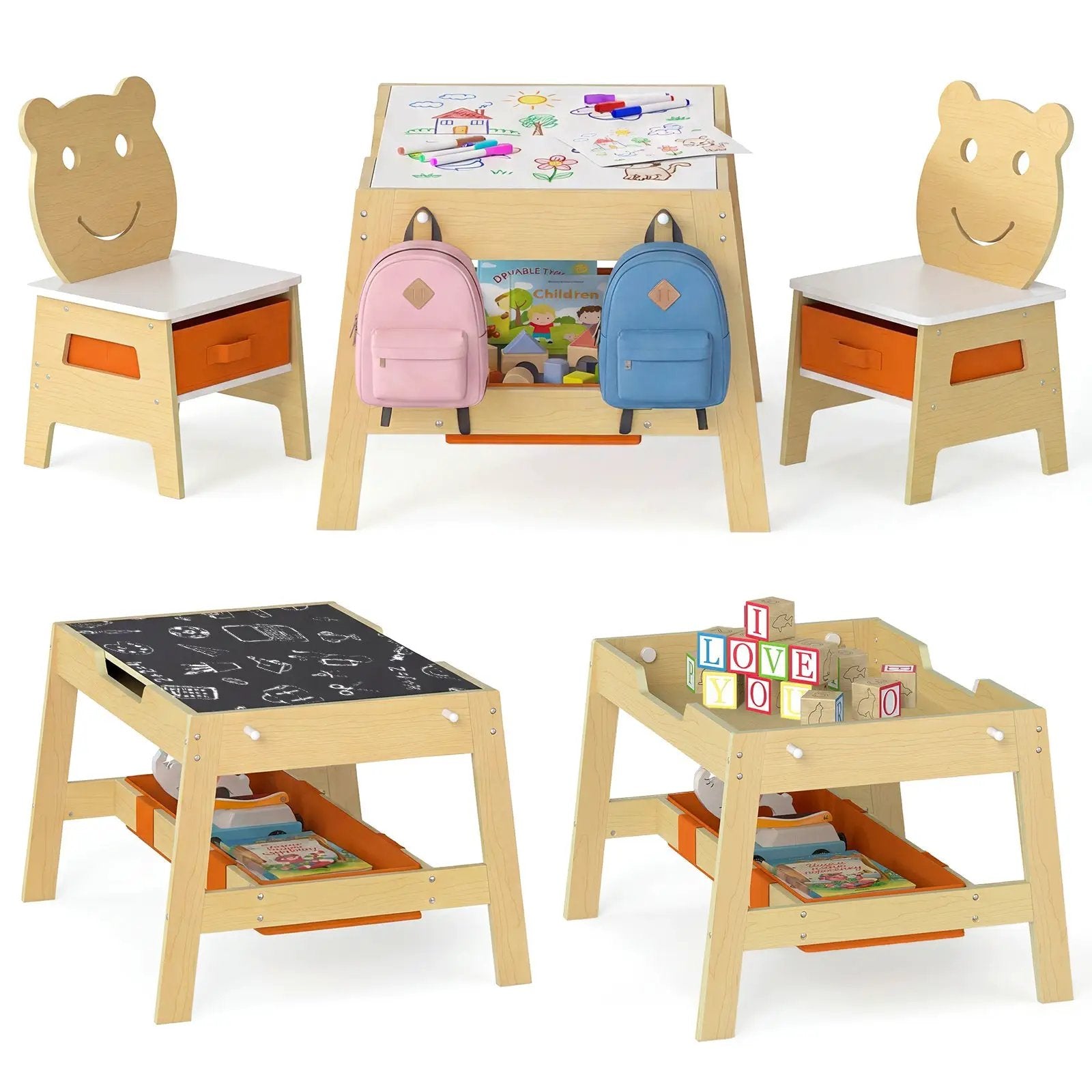 Toddler Table and 2 Chairs 5-in-1 Cute Art Desk Set with Reversible Chalkboard Whiteboard by DirectDeals