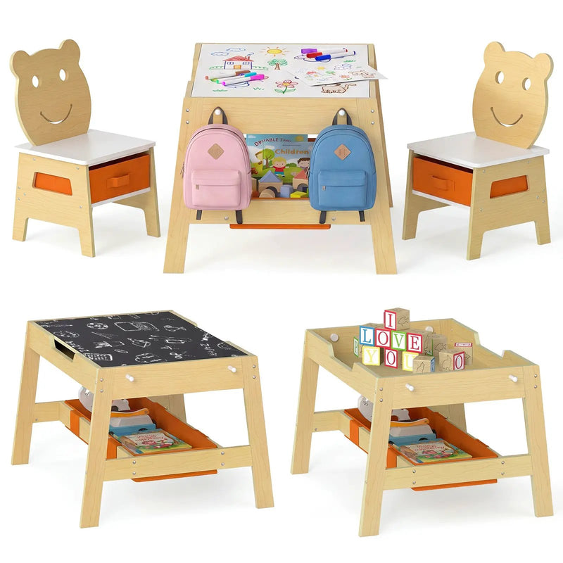 Toddler Table and 2 Chairs 5-in-1 Cute Art Desk Set with Reversible Chalkboard Whiteboard by DirectDeals