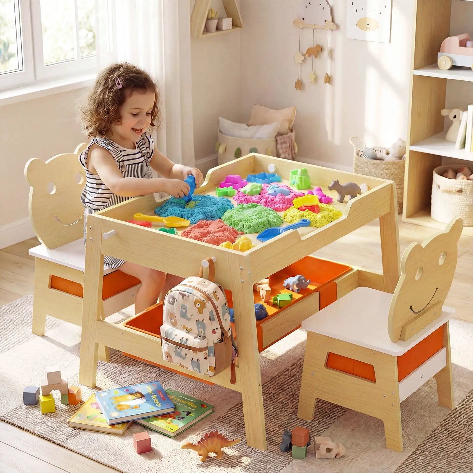 Toddler Table and 2 Chairs 5-in-1 Cute Art Desk Set with Reversible Chalkboard Whiteboard by DirectDeals