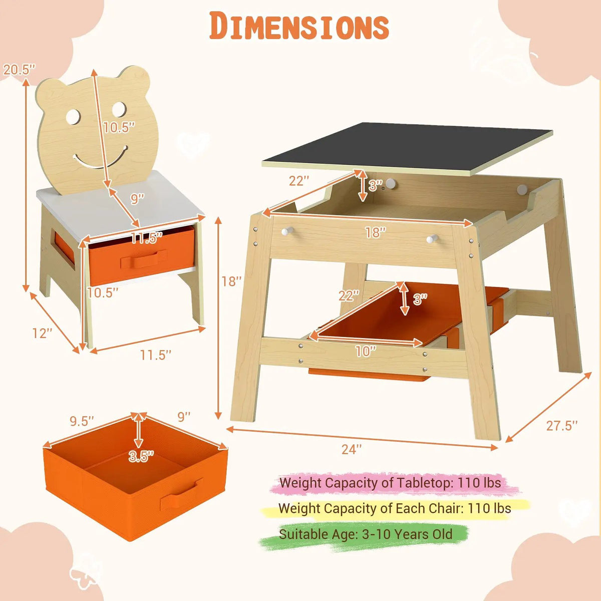 Toddler Table and 2 Chairs 5-in-1 Cute Art Desk Set with Reversible Chalkboard Whiteboard, photo 8 of 16