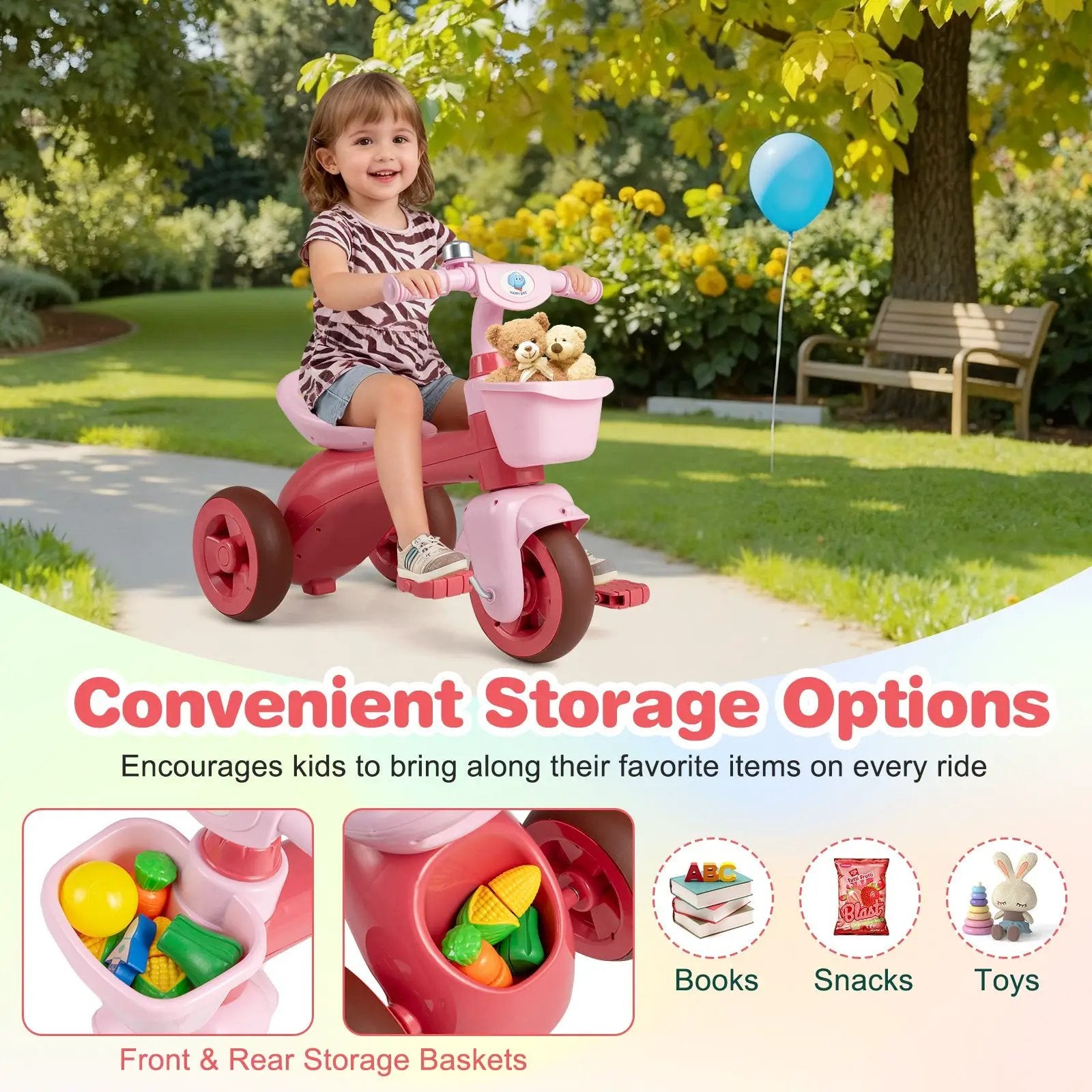 Toddler Tricycle with Limited Steering with Front Baskets and Bell by DirectDeals