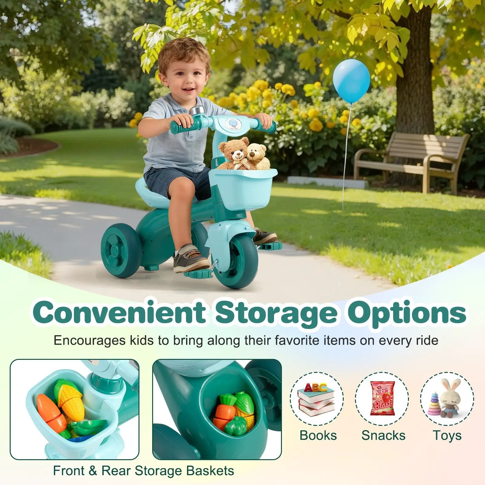 Toddler Tricycle with Limited Steering with Front Baskets and Bell by DirectDeals