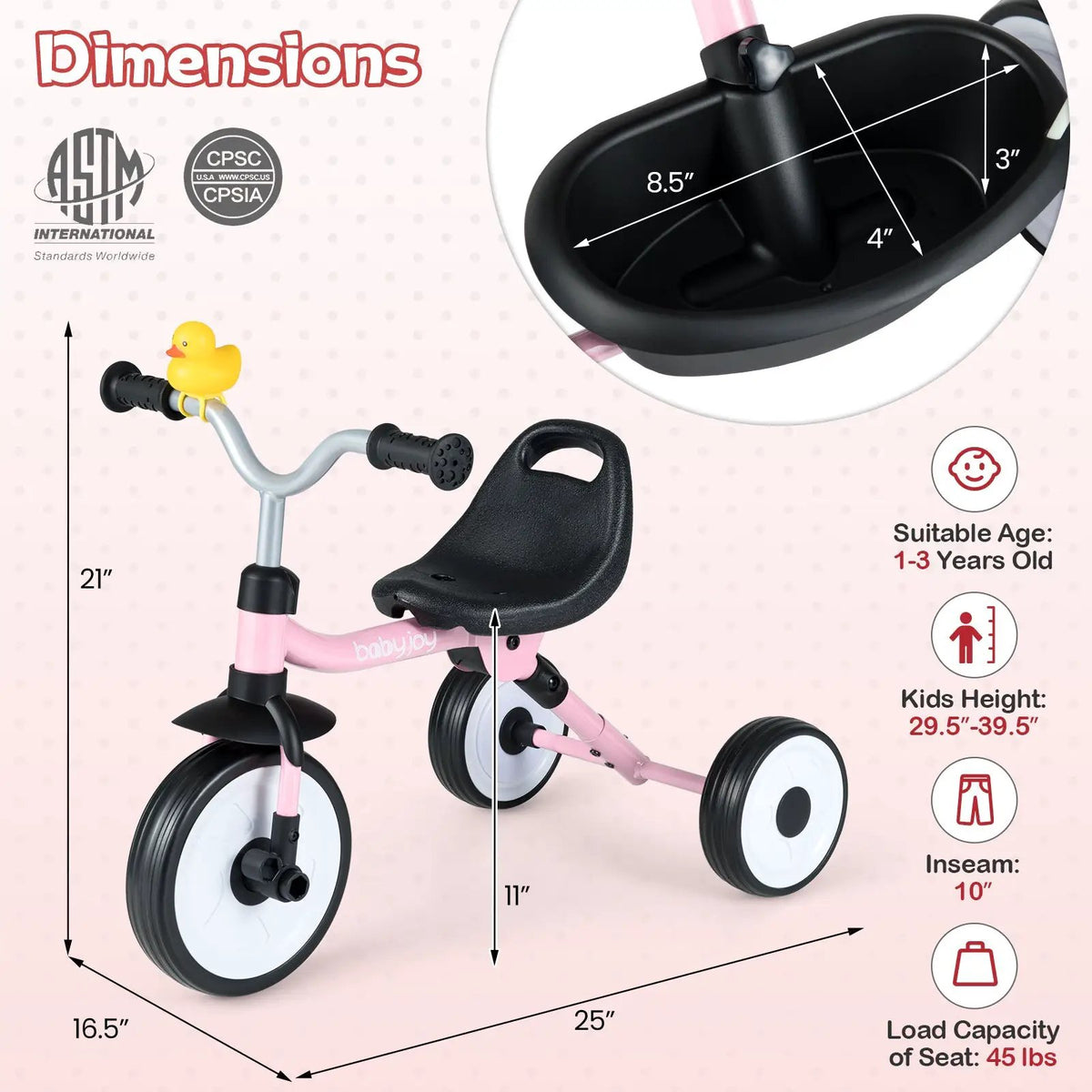 Toddler Tricycle with 3-Position Seat and Storage Basket for Kids, photo 13 of 32