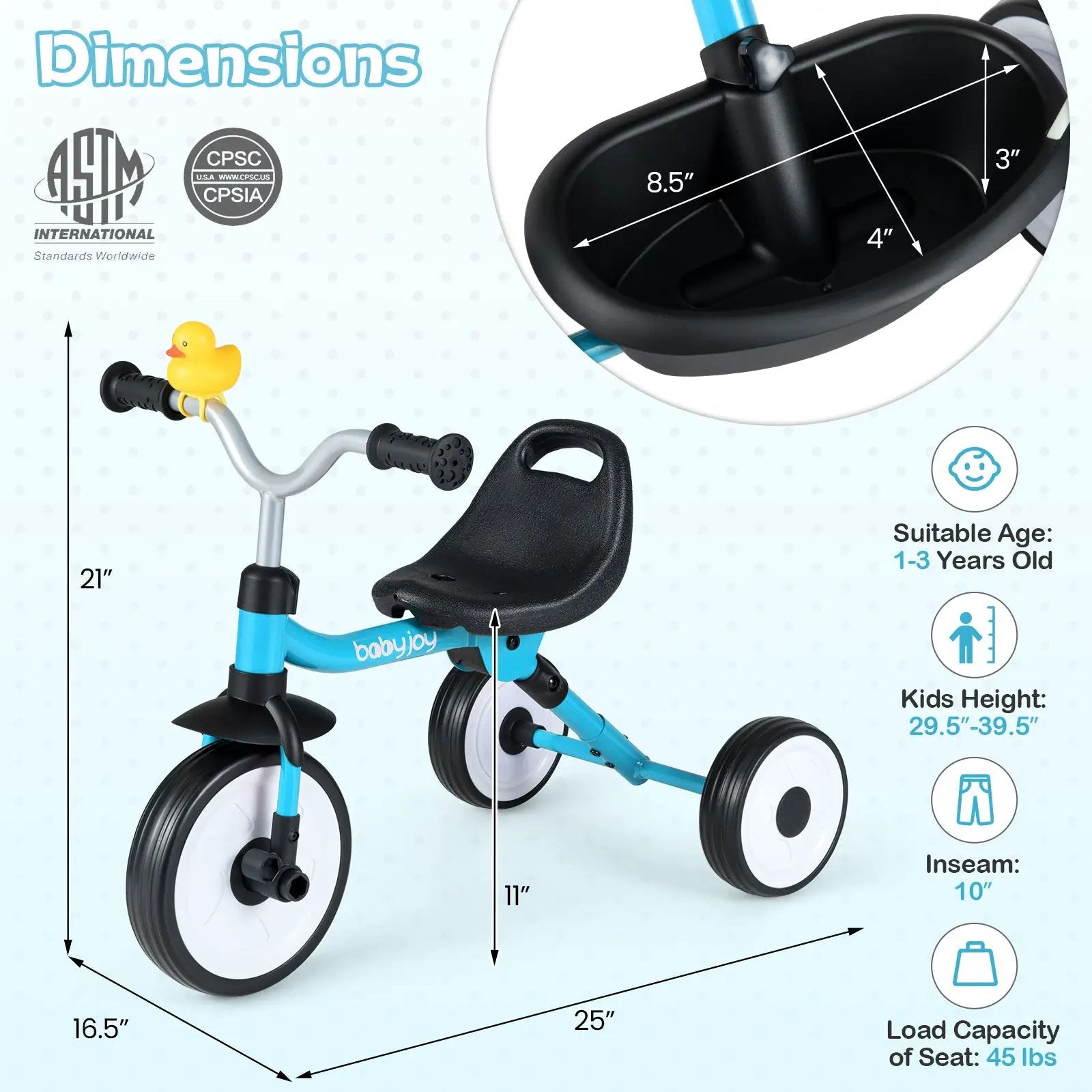 Toddler Tricycle with 3-Position Seat and Storage Basket for Kids by DirectDeals
