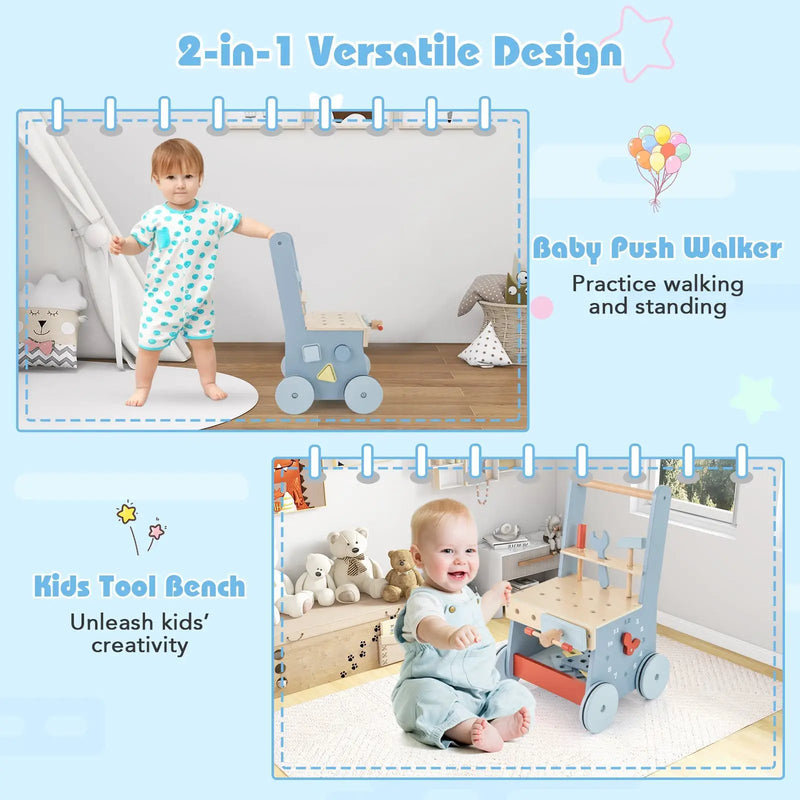 2-in-1 Toddler Wooden Baby Push Walker with Multi-Activity Center by DirectDeals