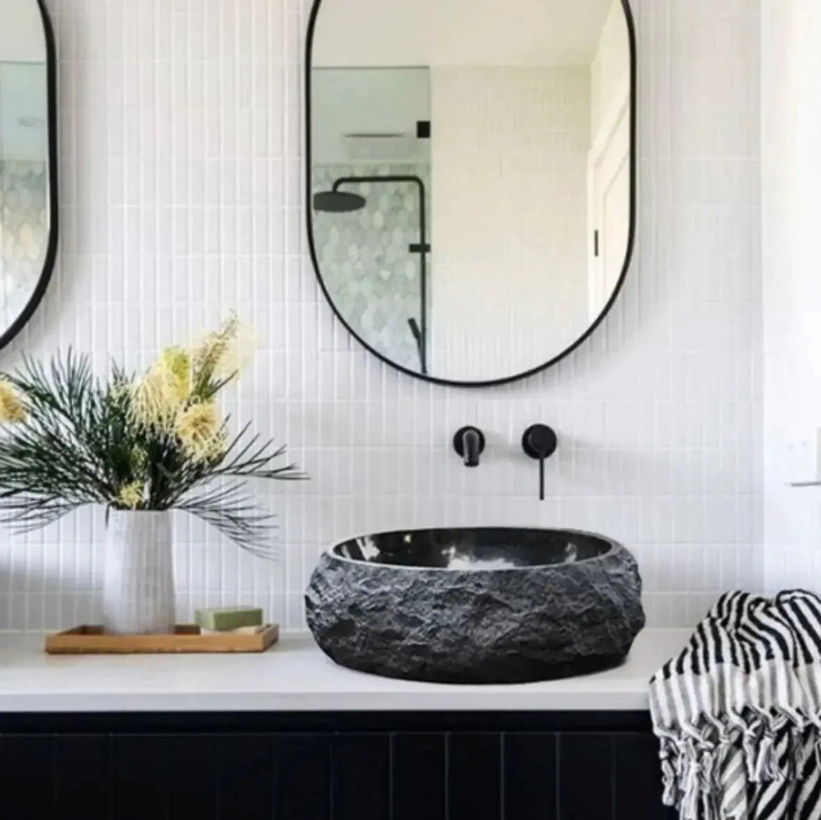 Black Rustic Marble Handcrafted Vessel Sink Turkish Bathroom Above Vanity 14x17 Inches by GobekDesign