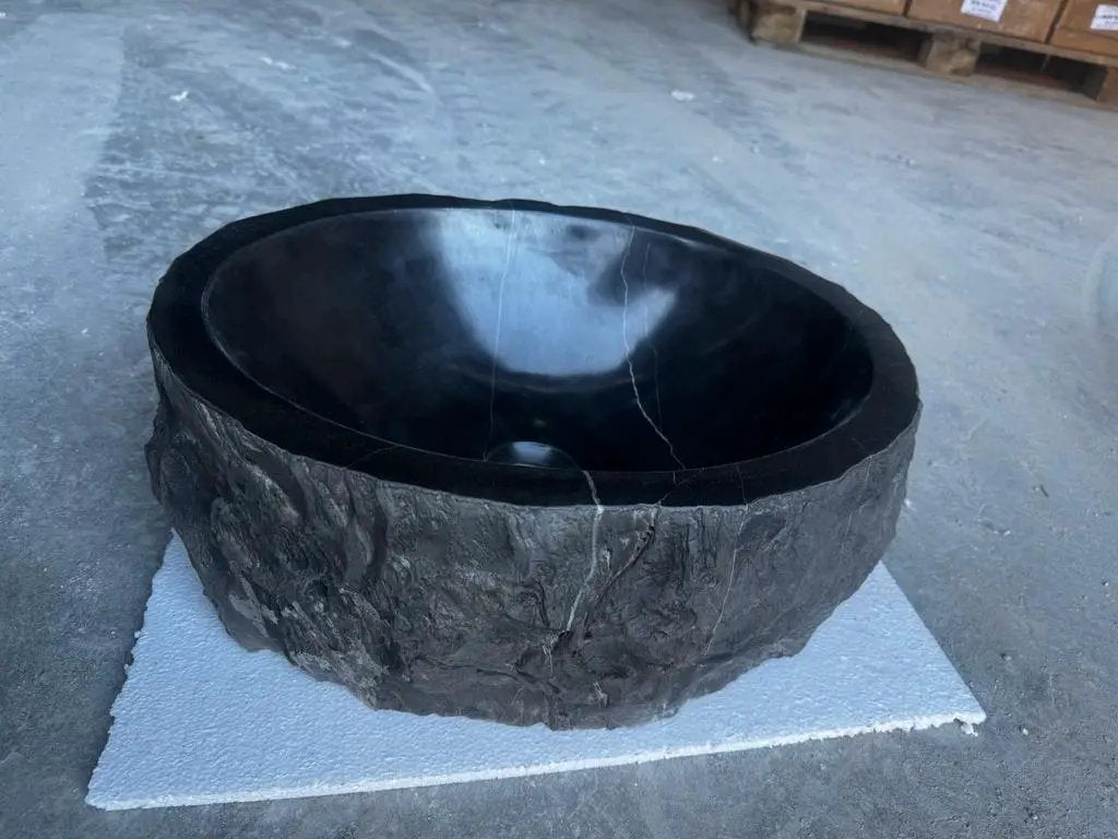 Black Rustic Marble Handcrafted Vessel Sink Turkish Bathroom Above Vanity 14x17 Inches by GobekDesign