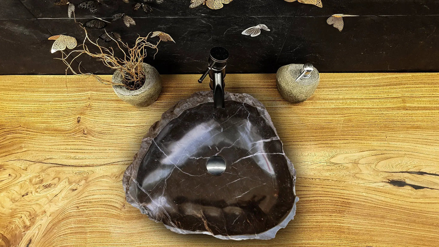 Black Marble Natural Stone Handcrafted Vessel Sink 31 x 23 x 6 Inches Modern Contemporary by GobekDesign