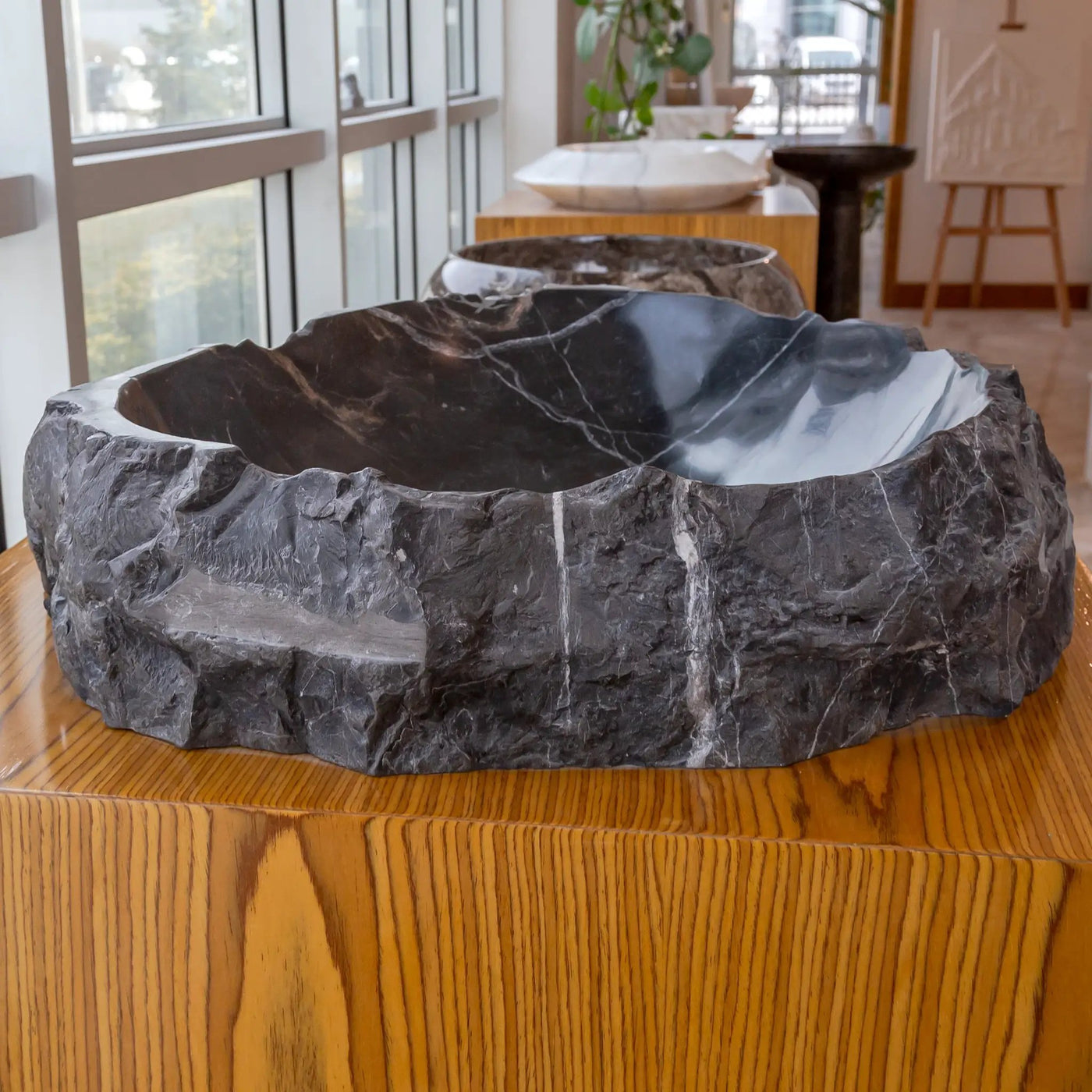 Black Marble Natural Stone Handcrafted Vessel Sink 31 x 23 x 6 Inches Modern Contemporary by GobekDesign