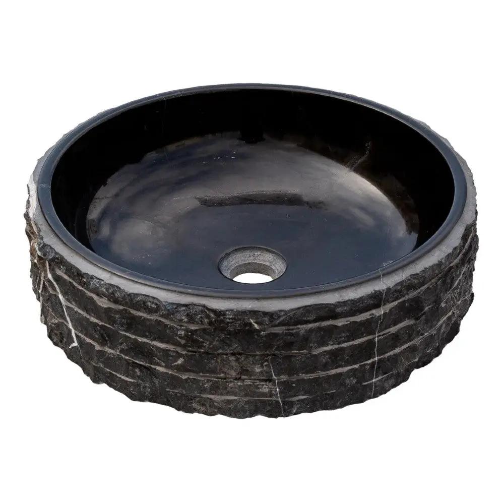 Black Marble Handcrafted Vessel Sink Bowl Polished Interior Combed Exterior 16x5 by GobekDesign