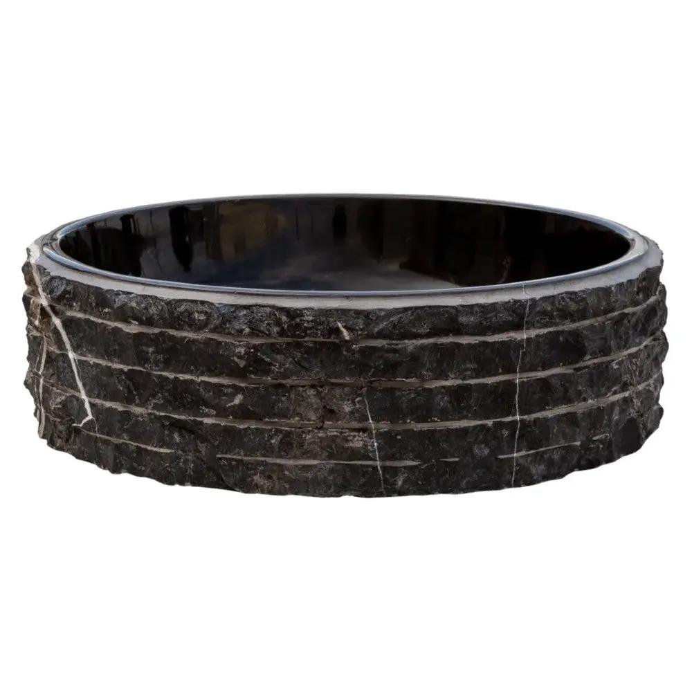 Black Marble Handcrafted Vessel Sink Bowl Polished Interior Combed Exterior 16x5 by GobekDesign