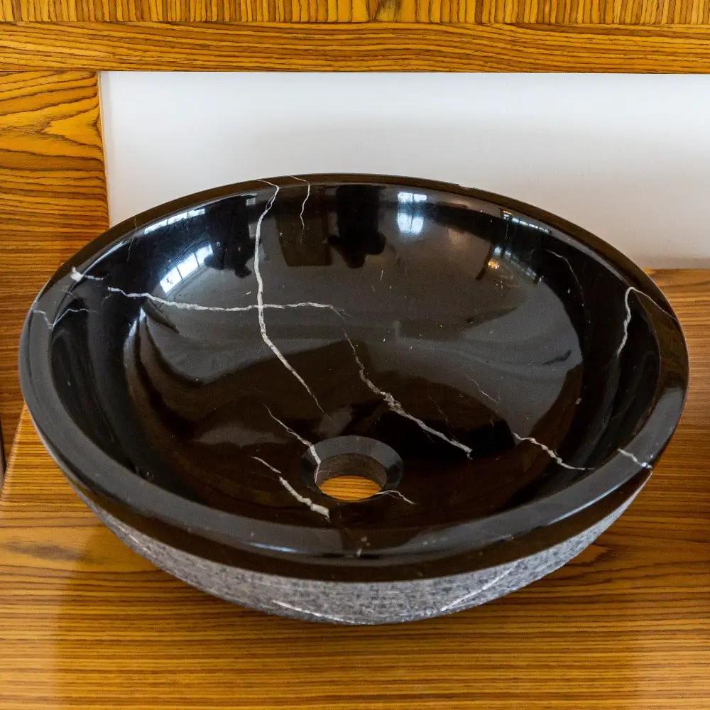 Black Marble Natural Stone Handcrafted Vessel Sink - Rough Exterior 16 x 6 Inches by GobekDesign