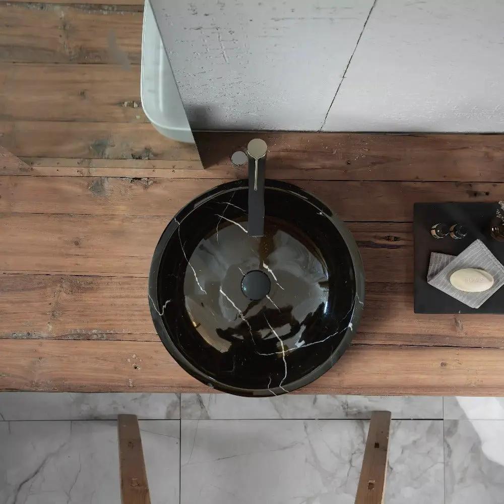 Black Marble Natural Stone Handcrafted Vessel Sink - Rough Exterior 16 x 6 Inches by GobekDesign