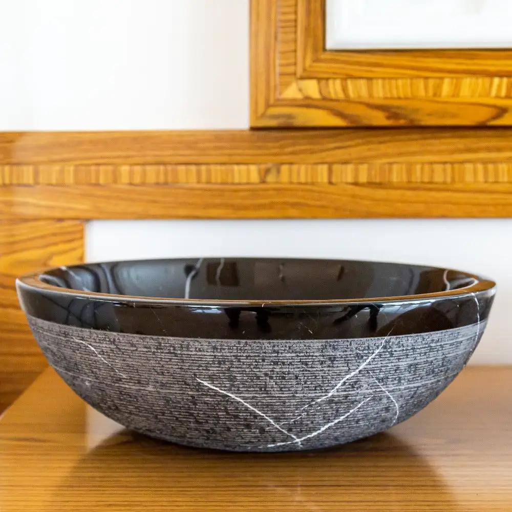 Black Marble Natural Stone Handcrafted Vessel Sink - Rough Exterior 16 x 6 Inches by GobekDesign