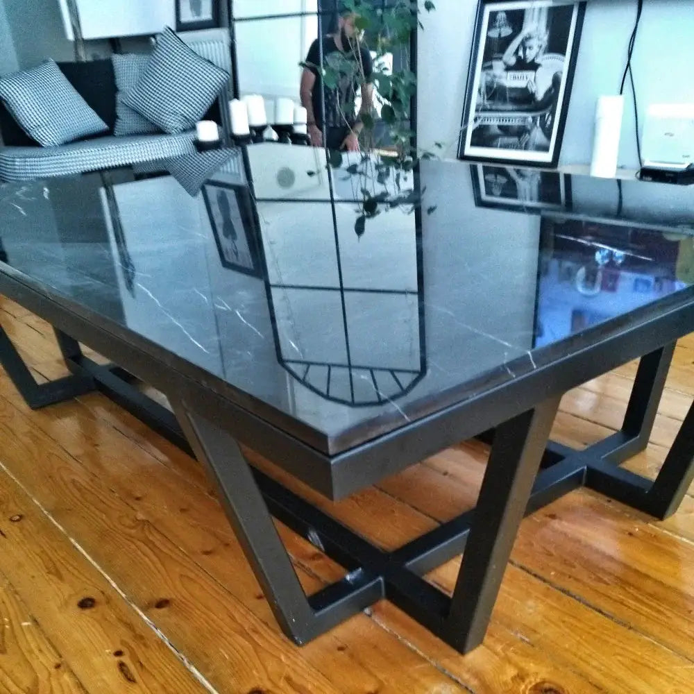 Polished Marble Rectangular Coffee Table with Black Metal Legs by GobekDesign