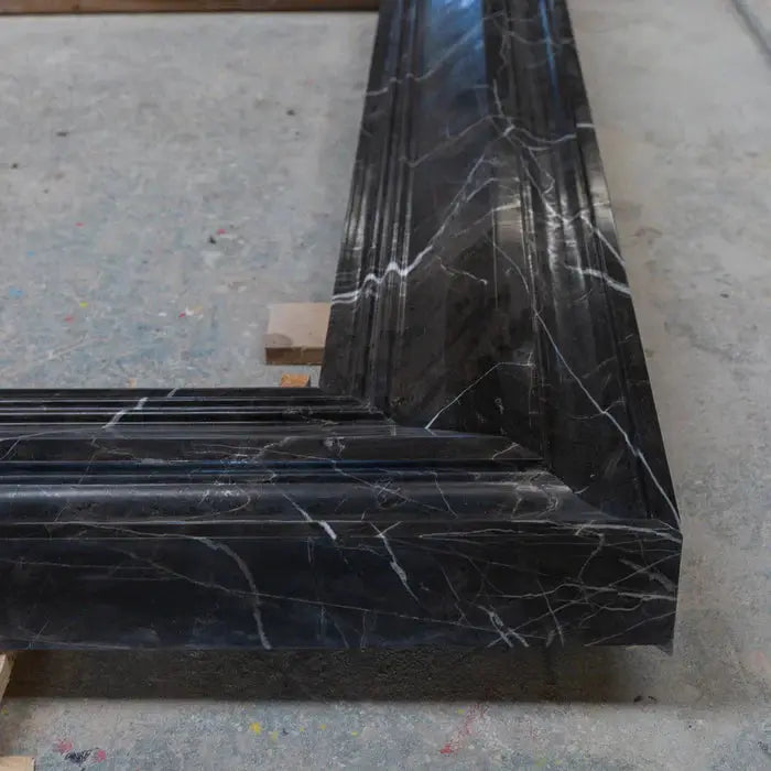 Black Marble Fireplace Mantel Hand Carved with White Veining - Polished 49 x 69 Inch by GobekDesign