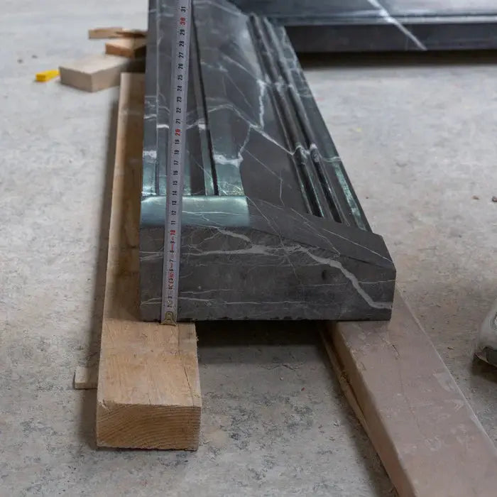 Black Marble Fireplace Mantel Hand Carved with White Veining - Polished 49 x 69 Inch by GobekDesign