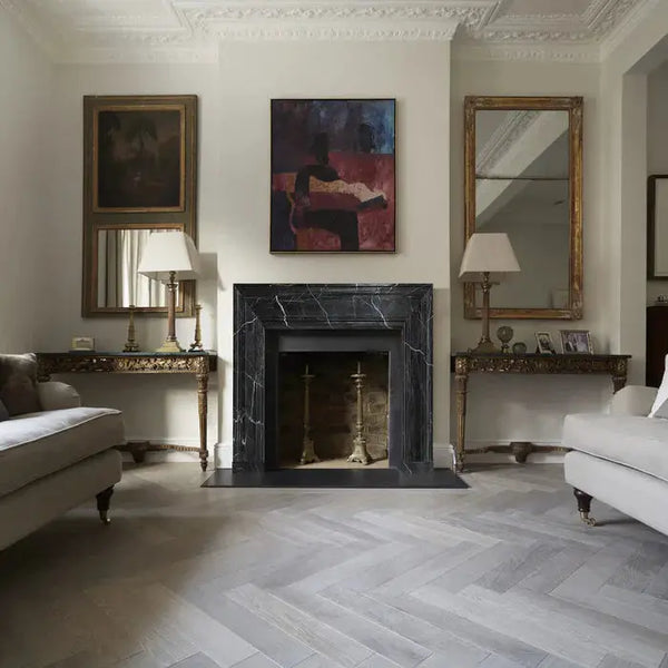 Black Marble Fireplace Mantel Hand Carved with White Veining - Polished 49 x 69 Inch