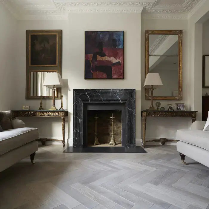 Black Marble Fireplace Mantel Hand Carved with White Veining - Polished 49 x 69 Inch by GobekDesign