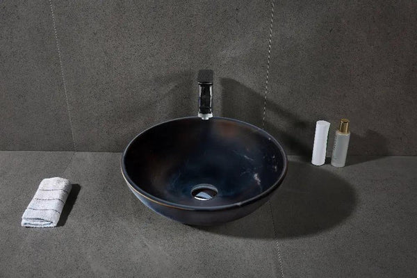 Black Natural Stone Marble Vessel Sink Semi-Polished 16x6 Inches
