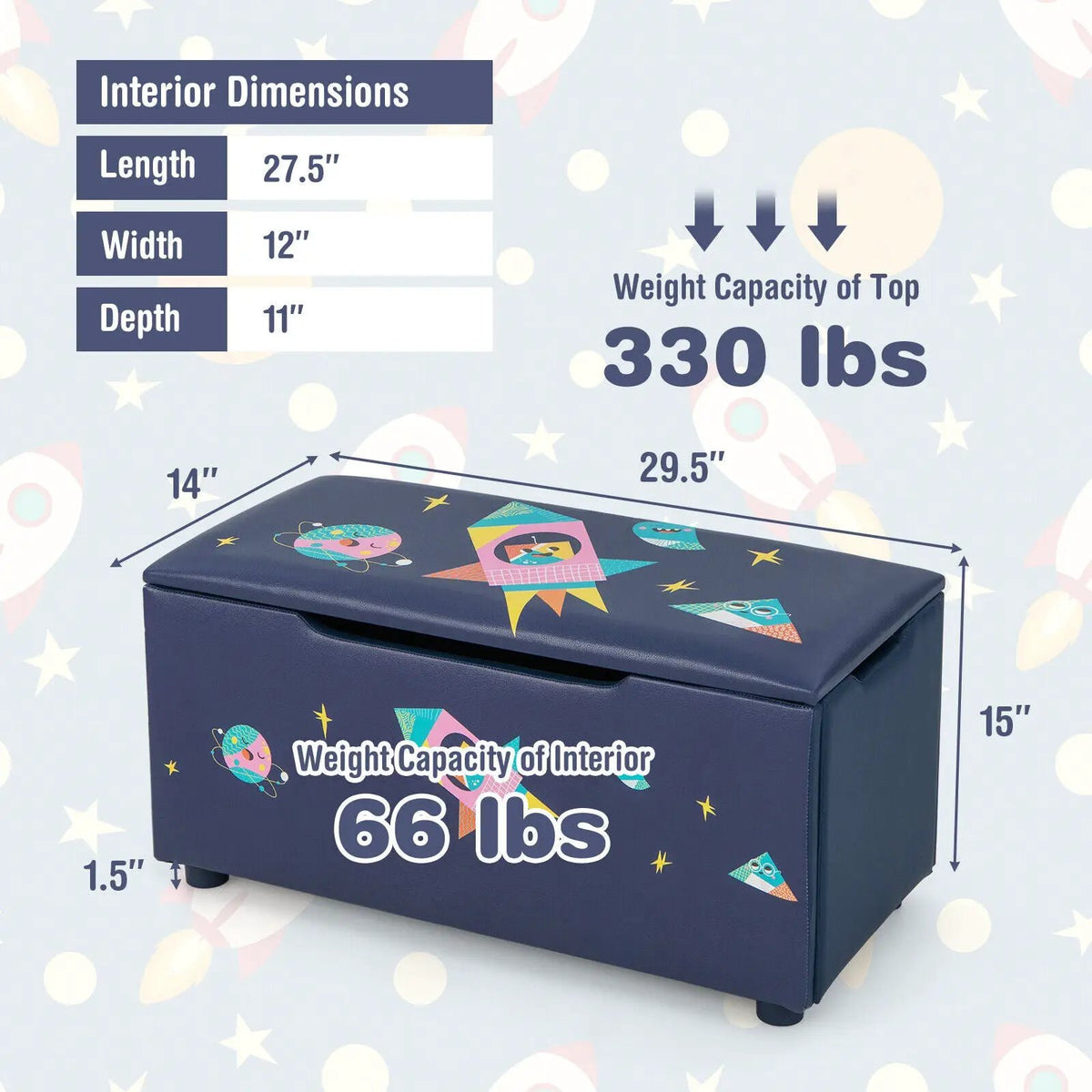 Kids Wooden Upholstered Toy Storage Box with Removable Lid-Navy, photo 5 of 9