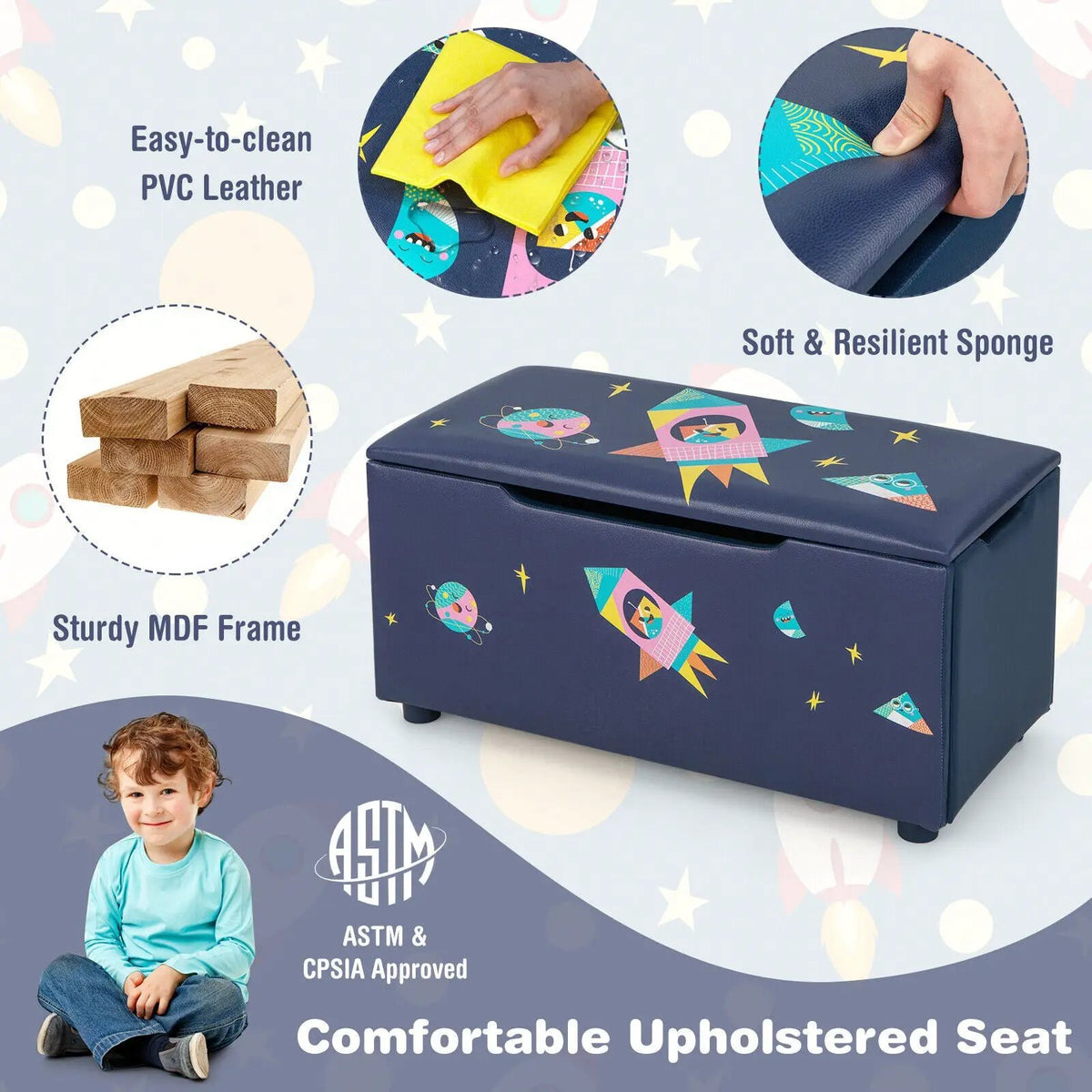 Kids Wooden Upholstered Toy Storage Box with Removable Lid-Navy, photo 7 of 9