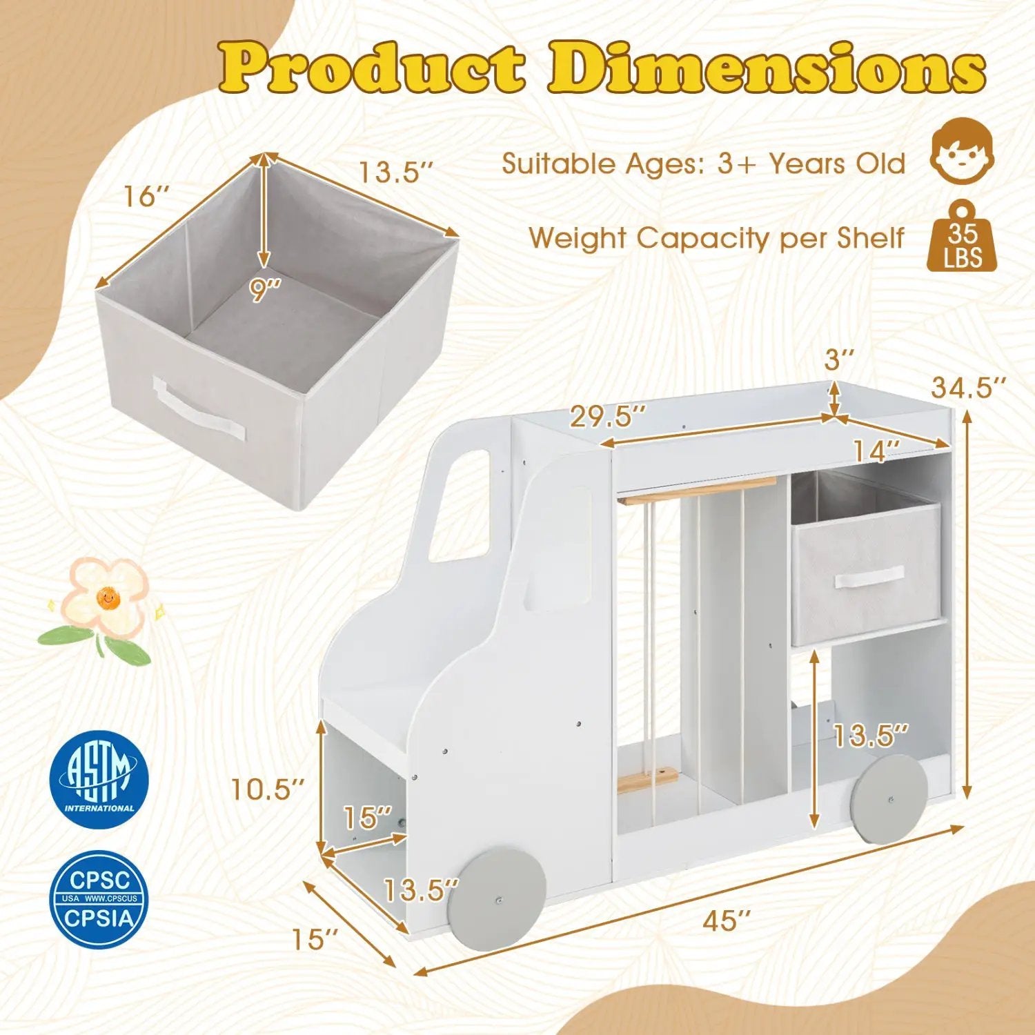 Kids Toy Storage Organizer with Wheels and Stuffed Animal Bin by DirectDeals