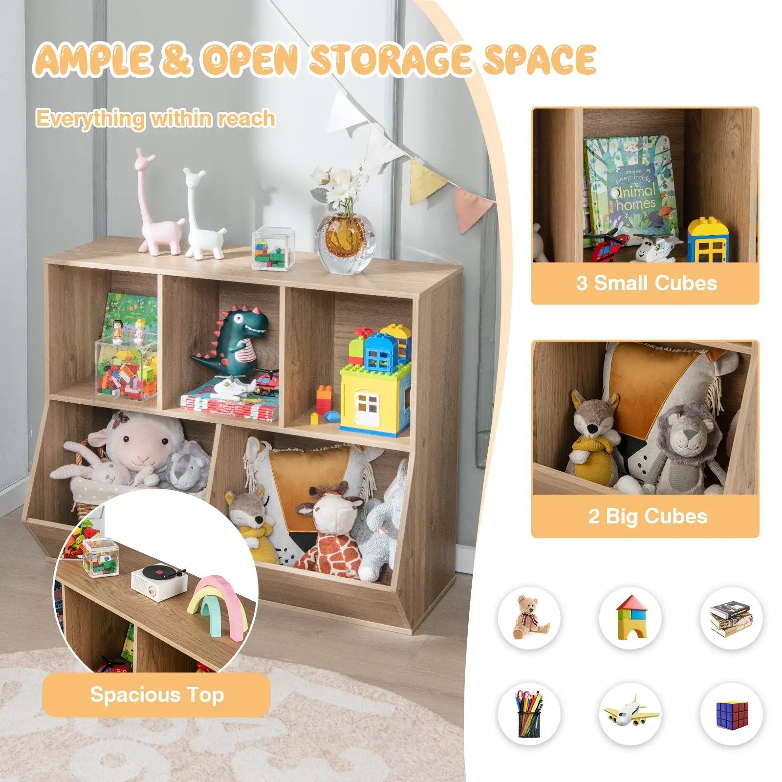 5-Cube Wooden Kids Toy Storage Organizer with Anti-Tipping Kits by DirectDeals