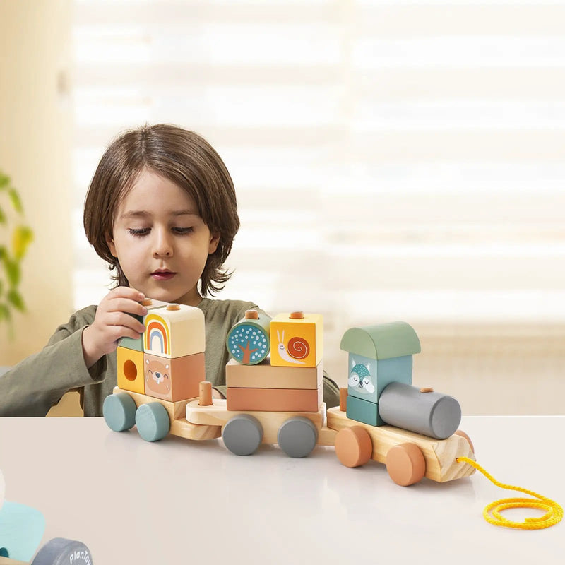 Wooden Toy Train Set with Stacking Wooden Blocks and Cute Animal Patterns by DirectDeals