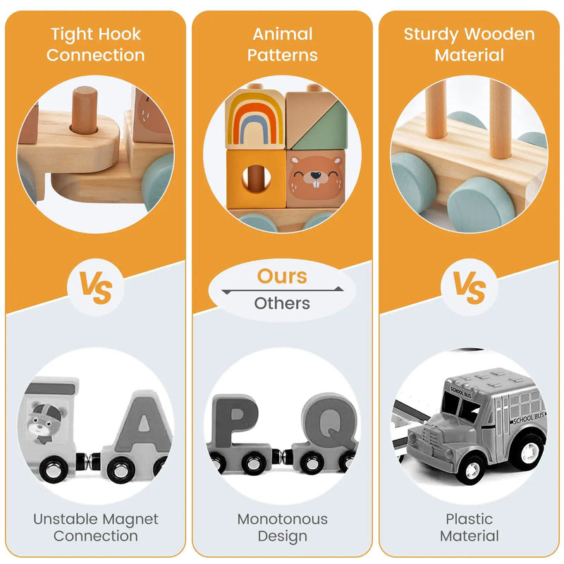Wooden Toy Train Set with Stacking Wooden Blocks and Cute Animal Patterns by DirectDeals