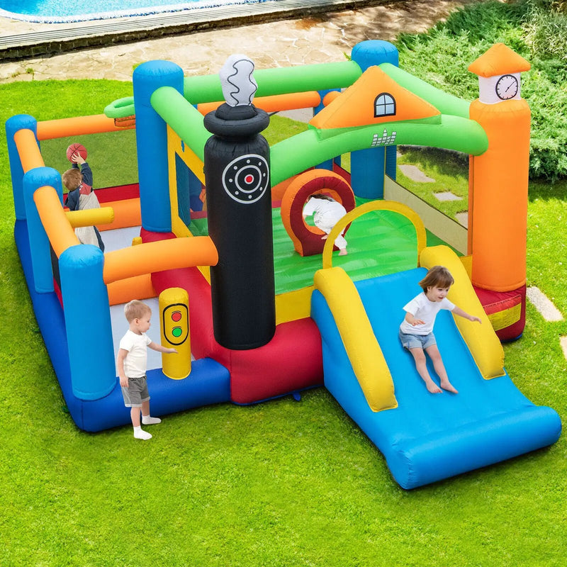 Train Themed Kids Bouncer with Slide and Basketball Hoop with 950W Air Blower by DirectDeals